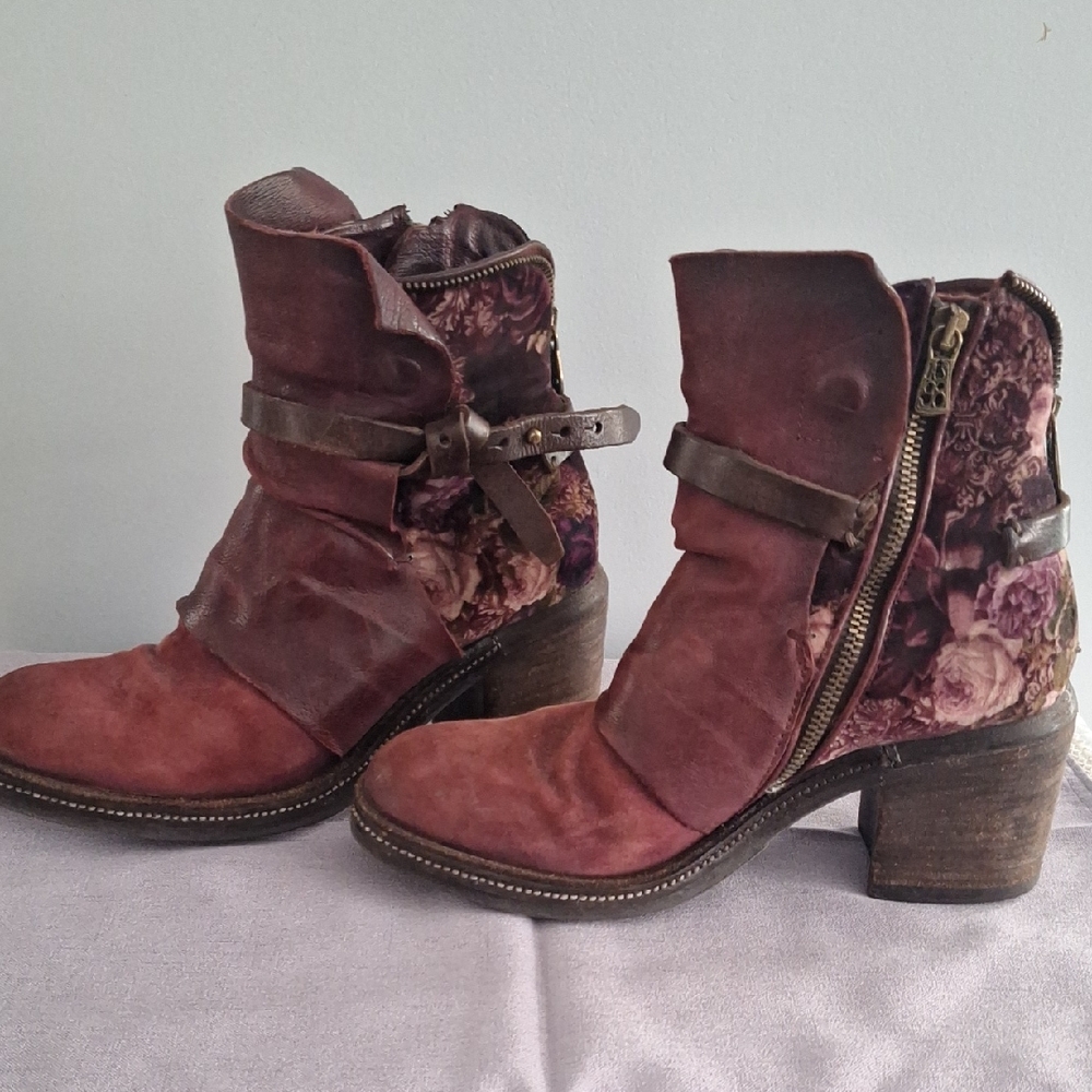 A.S.98 Burgundy Leather & Floral Velvet Ankle Boots